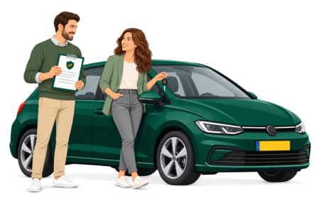 Verzekeringnemer met polisdocument en regelmatig bestuurder met autosleutel naast een groene auto.